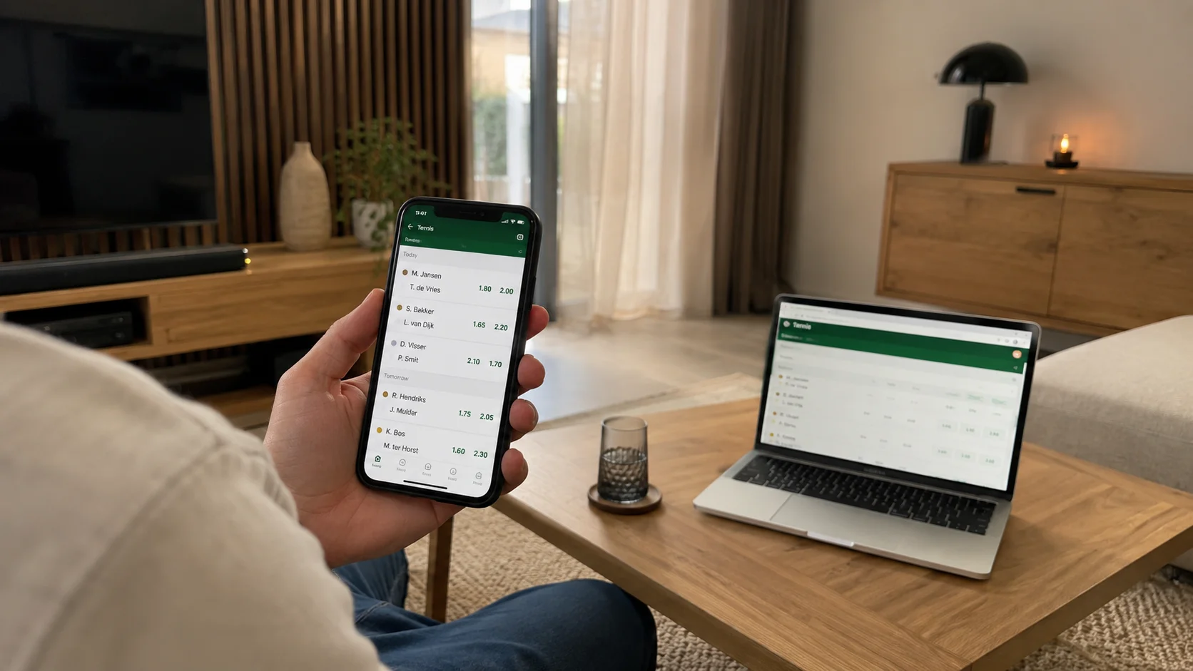 Smartphone met live tennis quoteringen naast een laptop met wedoverzicht